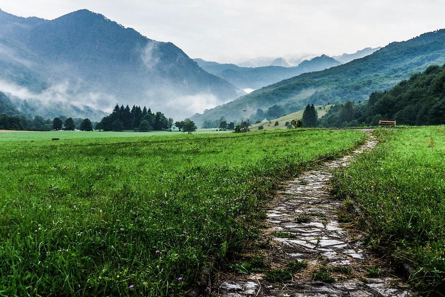 Wanderpfad in einem grünen Tal